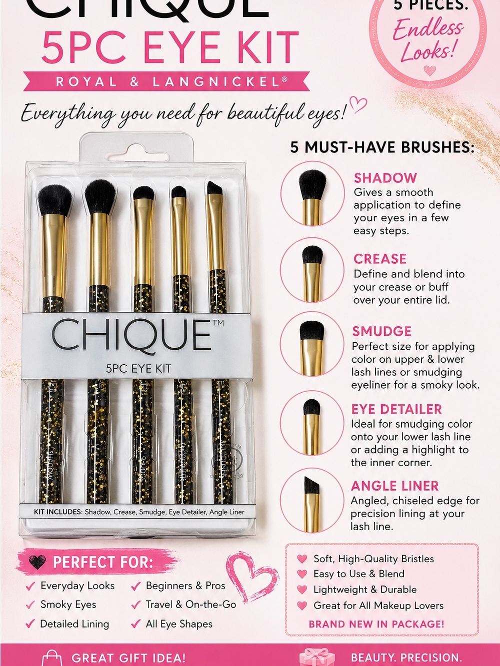 CHIQUE 5PC Eye Brush Kit — Black & Gold